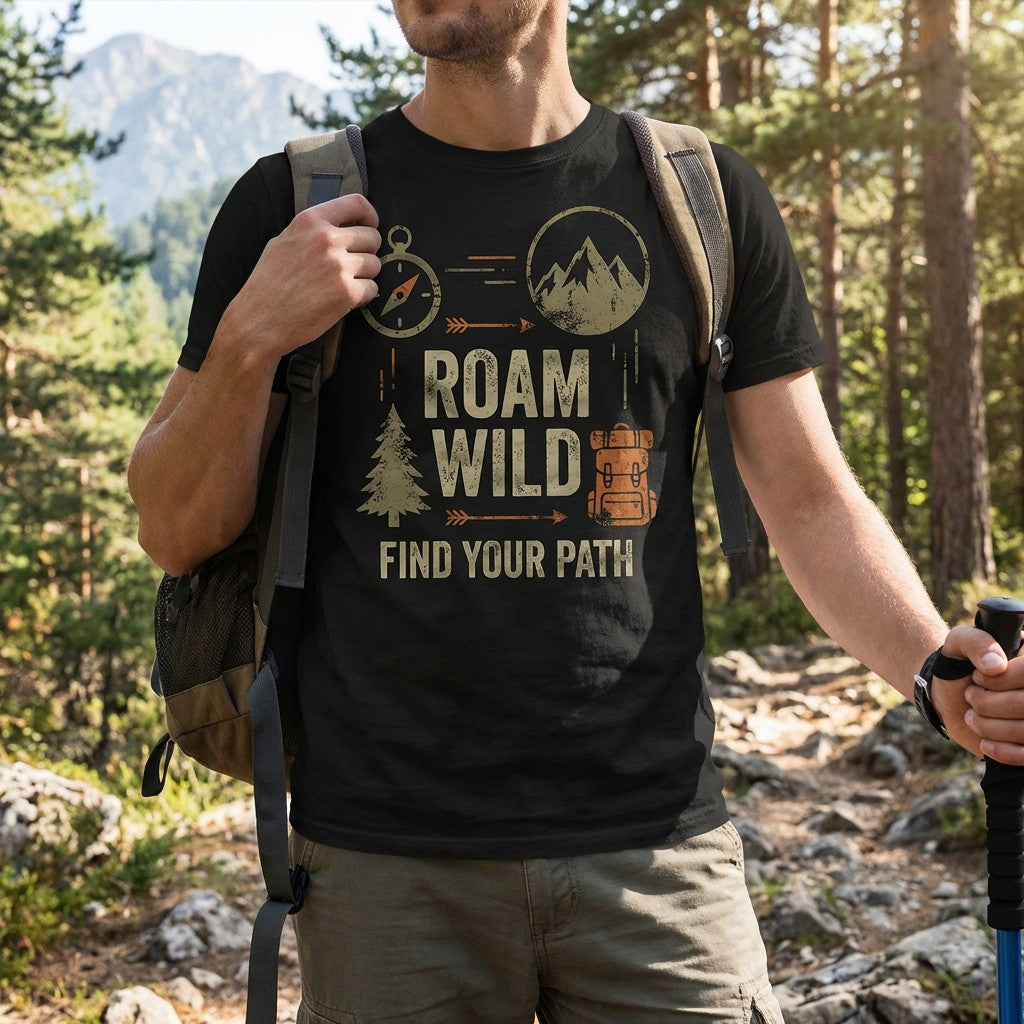 "Roam Wild: Find Your Path" Hiking & Backpacking T-Shirt – Compass & Mountains Graphic Tee