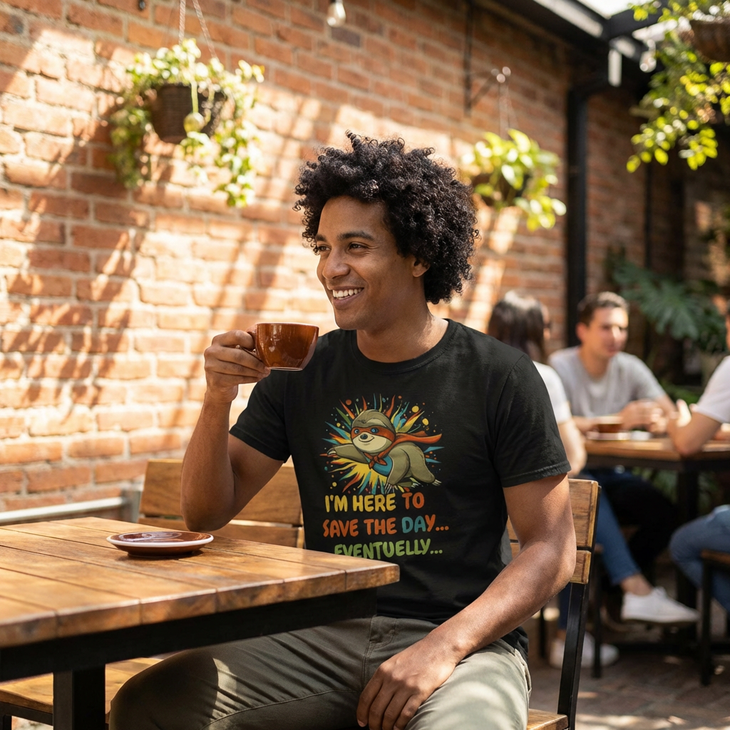 I’m Here To Save The Day Eventually T-Shirt – Men’s Black Funny Sloth Tee | WildVero