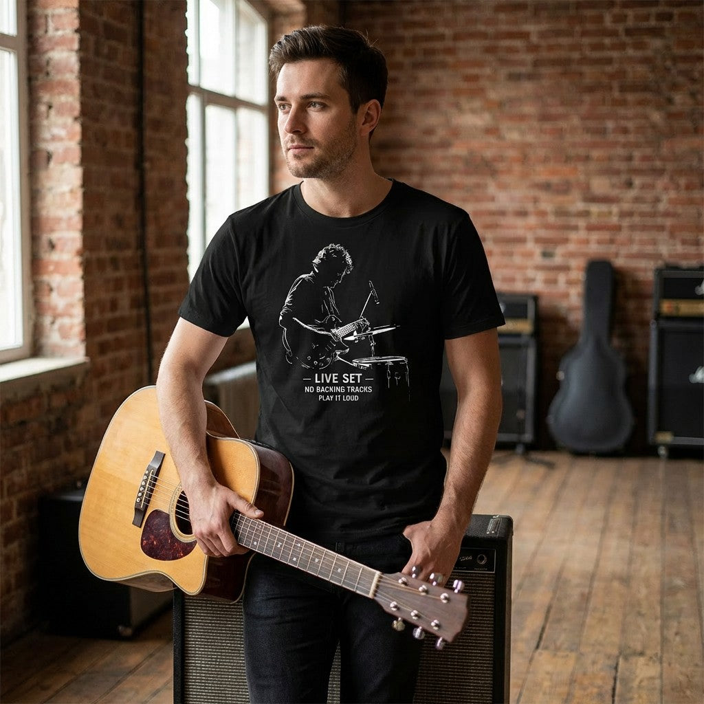 Live Set No Backing Tracks T-Shirt – Men’s Black Guitarist Graphic Tee | WildVero