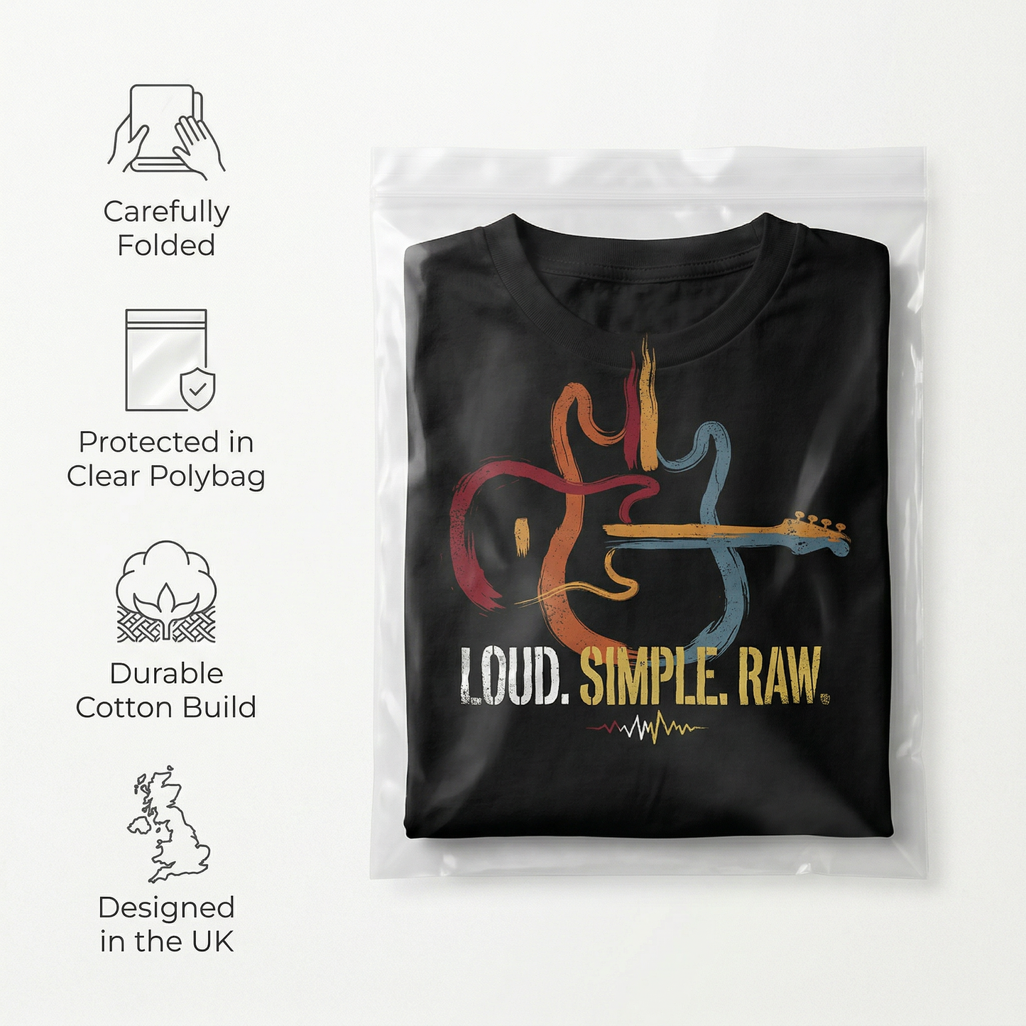 Loud Simple Raw T-Shirt – Guitar Graphic Unisex Tee, Music Lover Vintage Style Shirt