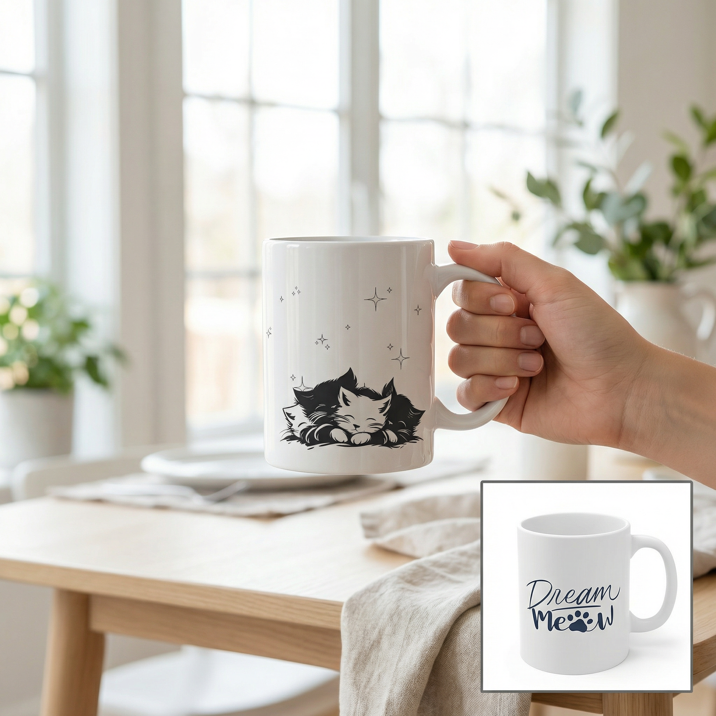 Dream Meow Mug – 11oz Sublimation Ceramic Mug, Cute Sleeping Cat Coffee Cup