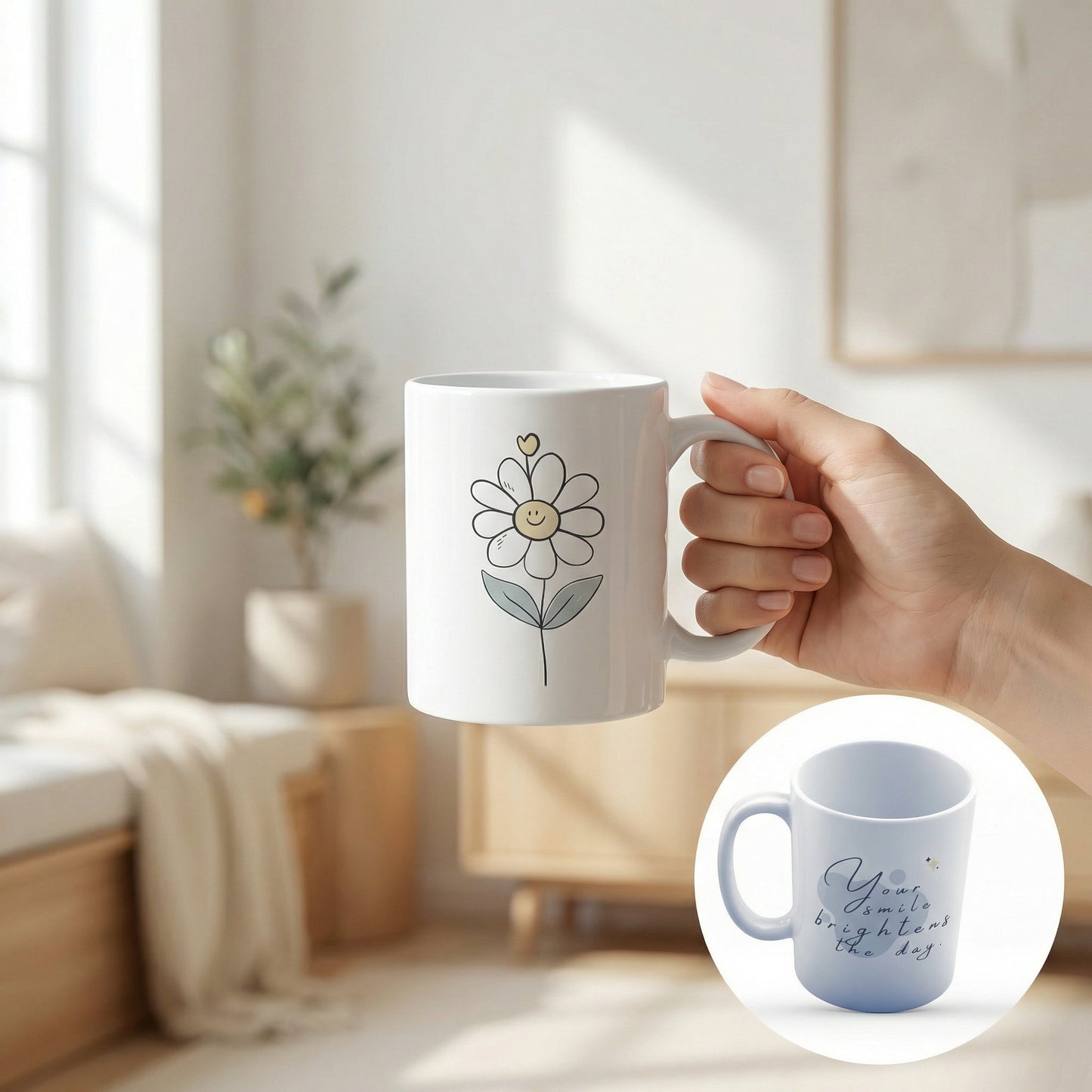 Your Smile Brightens the Day Mug 11oz – Cute Daisy Ceramic Coffee Mug, Sublimation Gift Cup