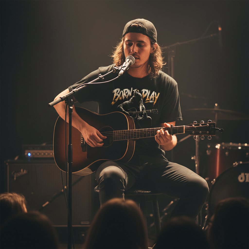 Person playing guitar on stage with a microphone, wearing a 'Born to Play' shirt.