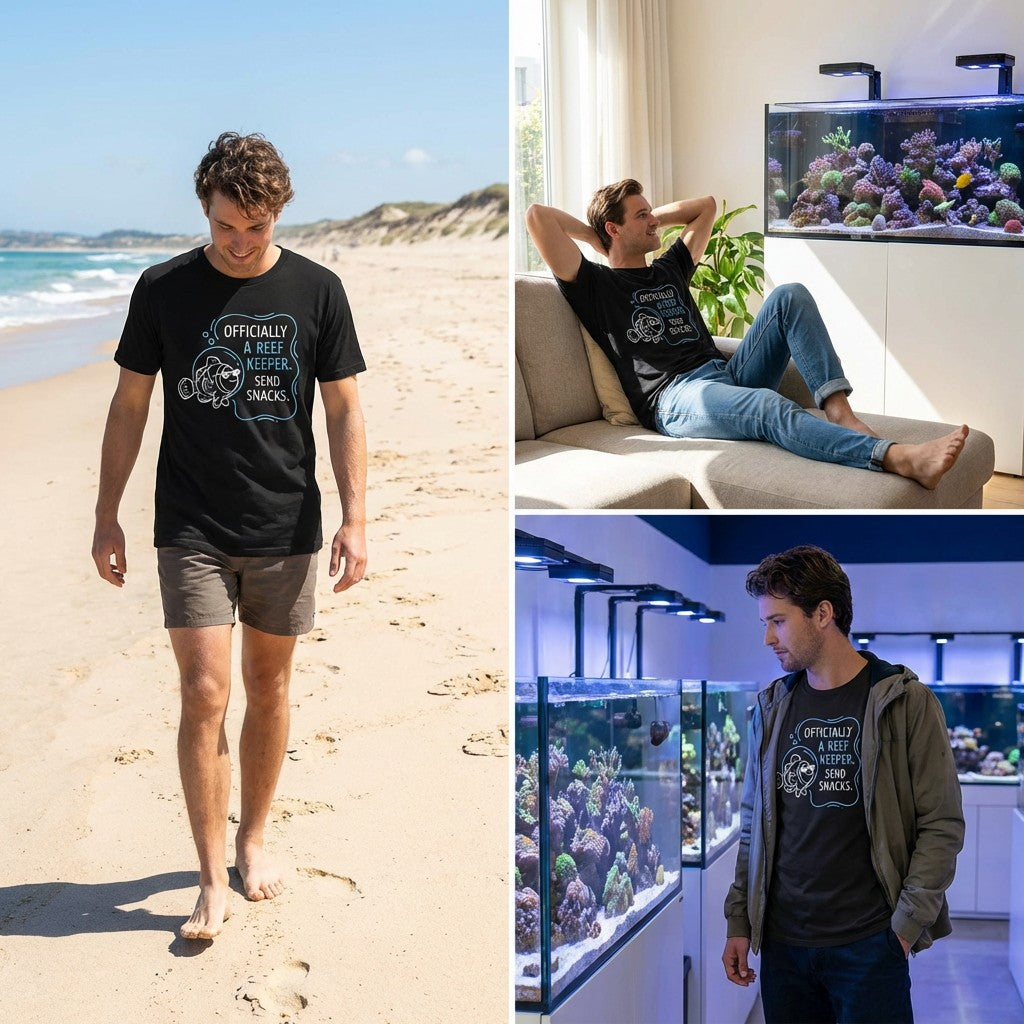 Officially A Reef Keeper Send Snacks T-Shirt – Men’s Black Aquarium Funny Tee | WildVero