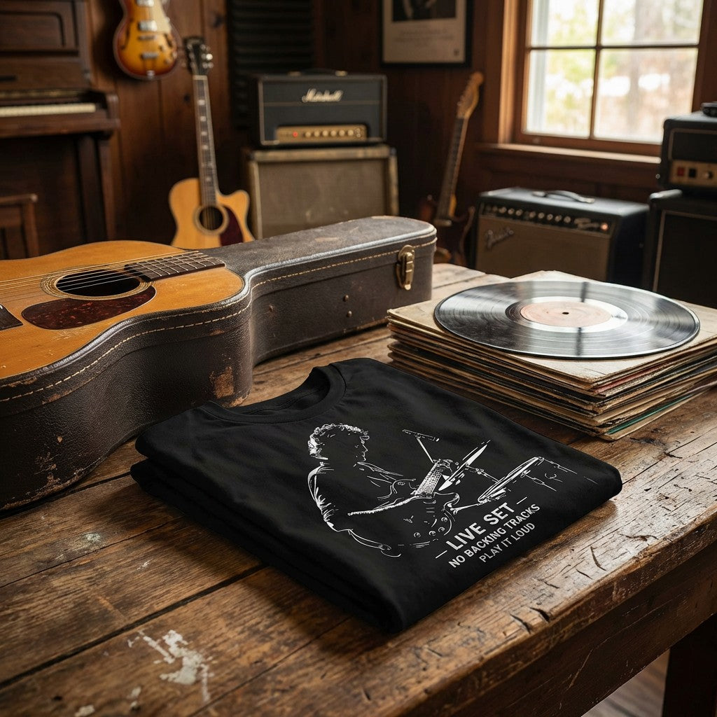 Live Set No Backing Tracks T-Shirt – Men’s Black Guitarist Graphic Tee | WildVero