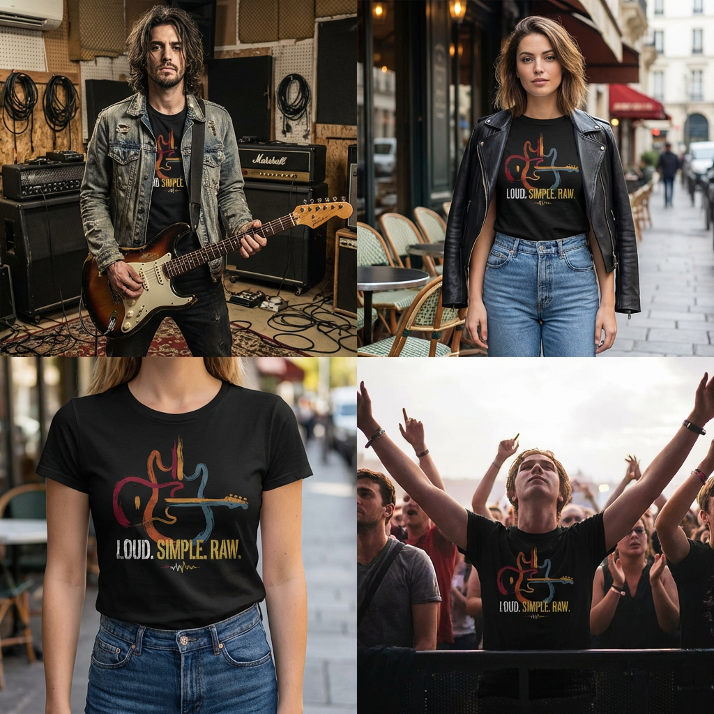 Loud Simple Raw T-Shirt – Guitar Graphic Unisex Tee, Music Lover Vintage Style Shirt