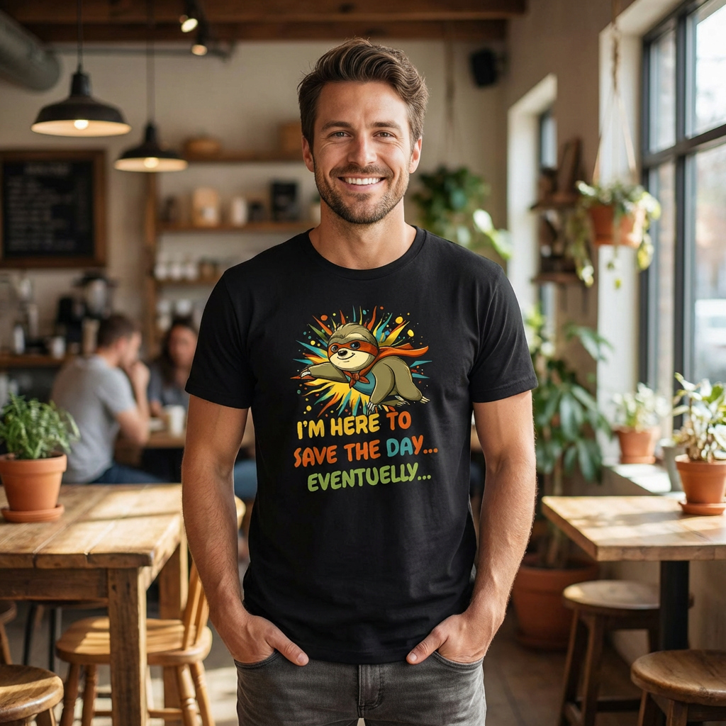 I’m Here To Save The Day Eventually T-Shirt – Men’s Black Funny Sloth Tee | WildVero