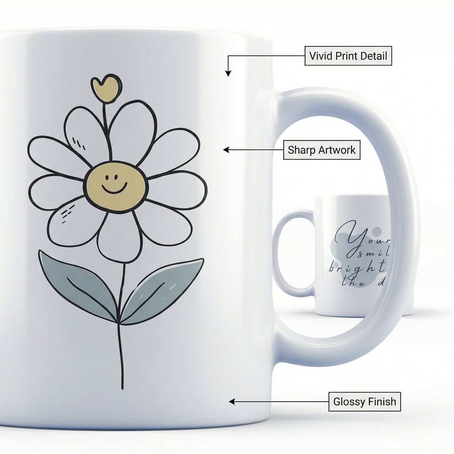 Your Smile Brightens the Day Mug 11oz – Cute Daisy Ceramic Coffee Mug, Sublimation Gift Cup