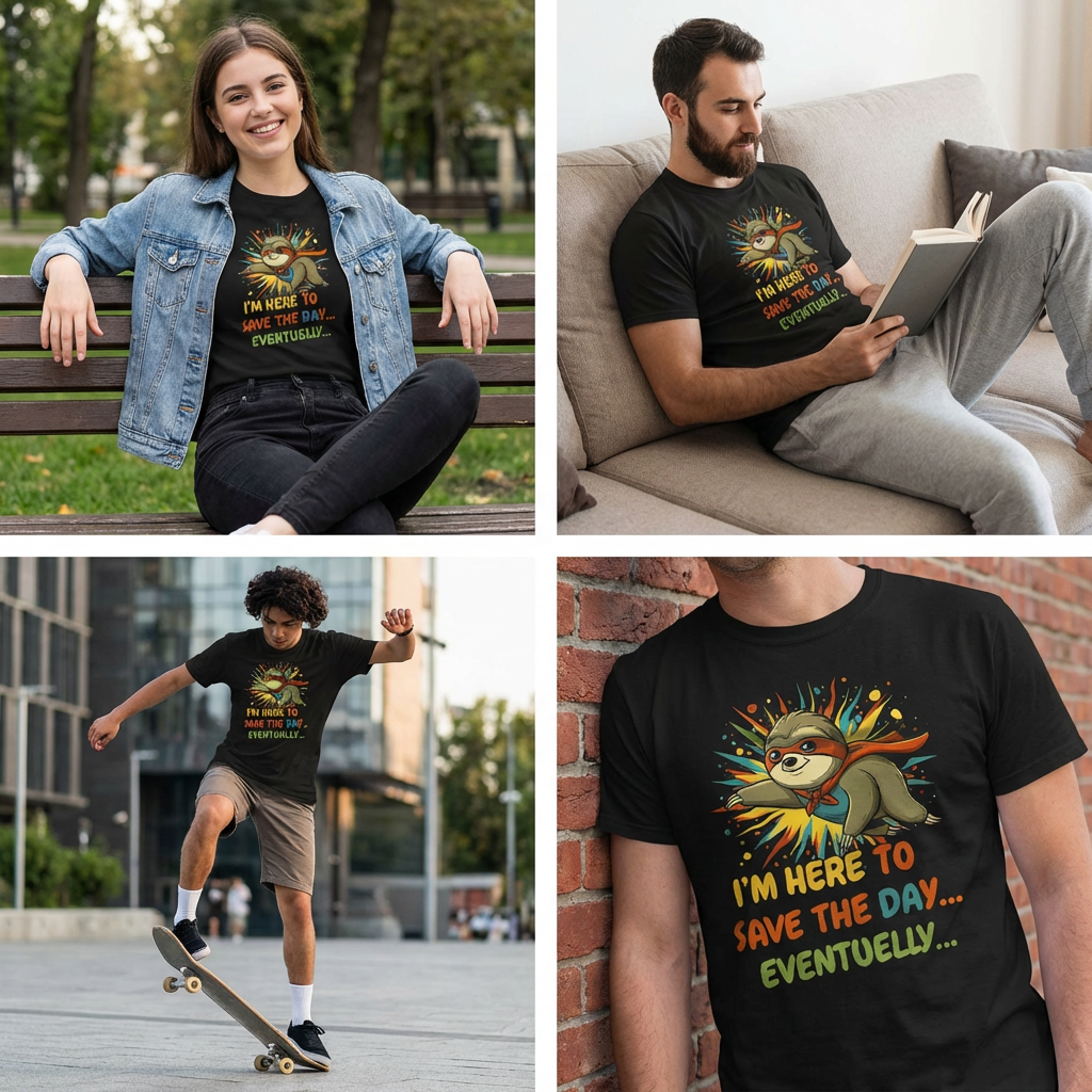 I’m Here To Save The Day Eventually T-Shirt – Men’s Black Funny Sloth Tee | WildVero