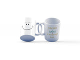 White 11oz ceramic mug showing both sides - hand-drawn smiley daisy flower and Your Smile Brightens The Day quote in blue script