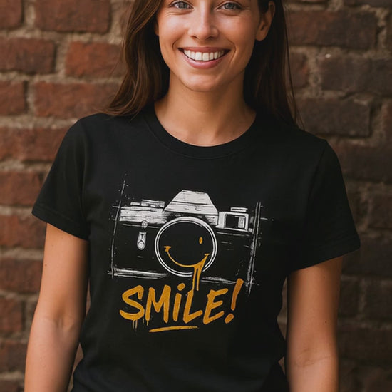 Black Smile Camera t-shirt with vintage camera sketch and yellow smiley face graffiti design