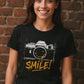 Black Smile Camera t-shirt with vintage camera sketch and yellow smiley face graffiti design