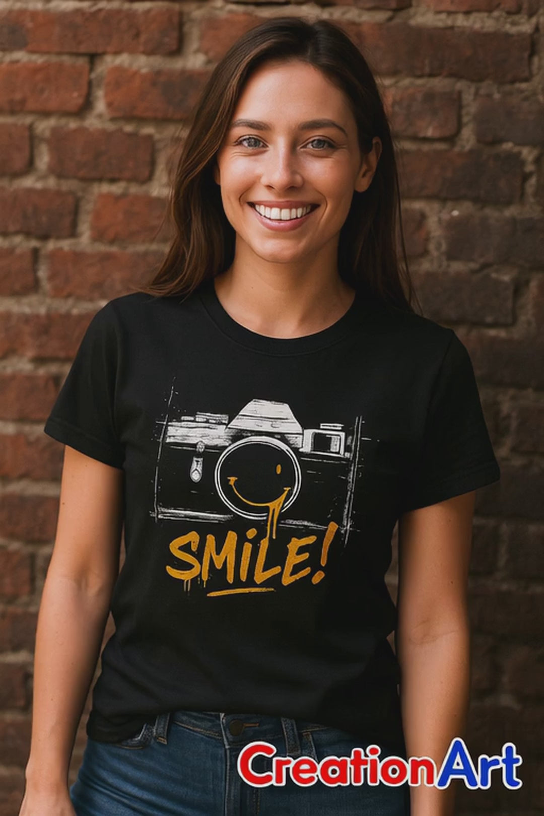 Black Smile Camera t-shirt with vintage camera sketch and yellow smiley face graffiti design