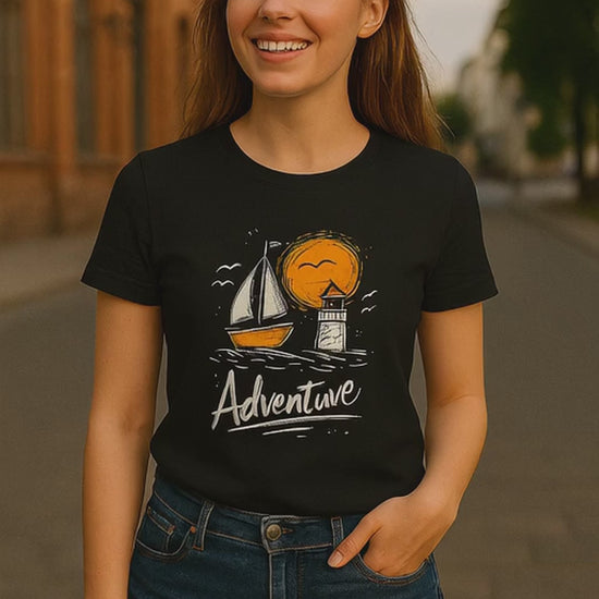 Black Adventure t-shirt with hand-drawn sailboat lighthouse and golden sun nautical design
