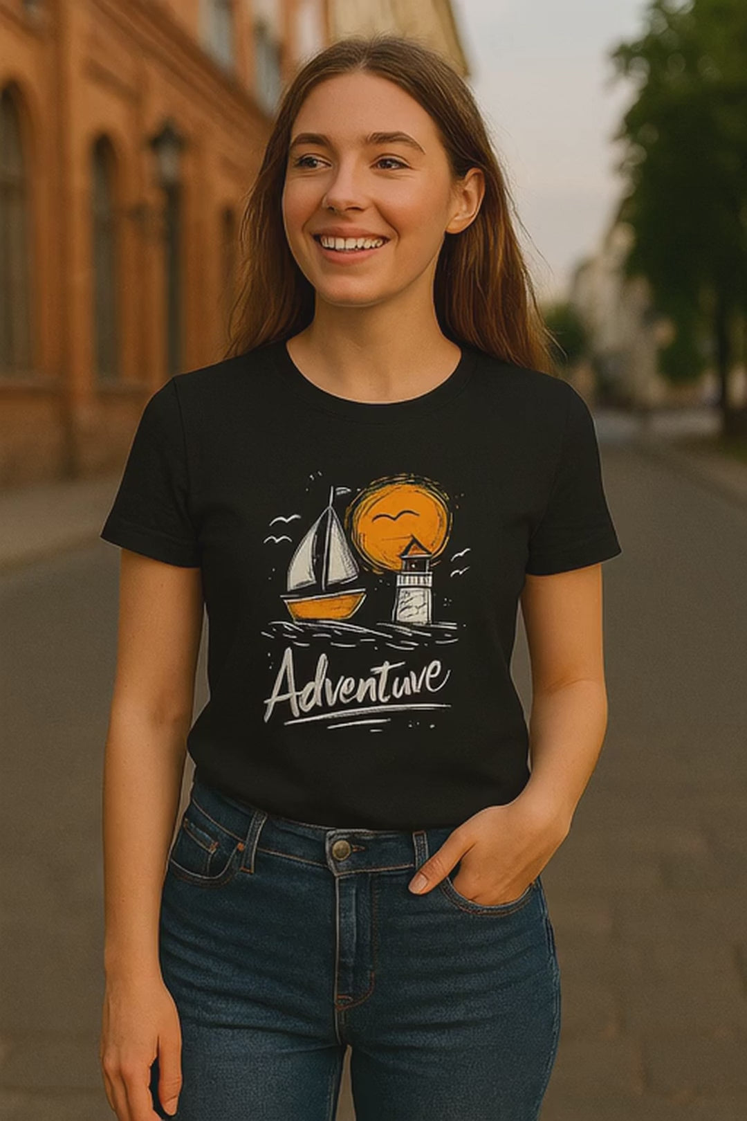 Black Adventure t-shirt with hand-drawn sailboat lighthouse and golden sun nautical design