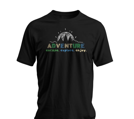 Adventure Escape Explore Enjoy Black T-Shirt – Men’s Outdoor Mountain Graphic Tee