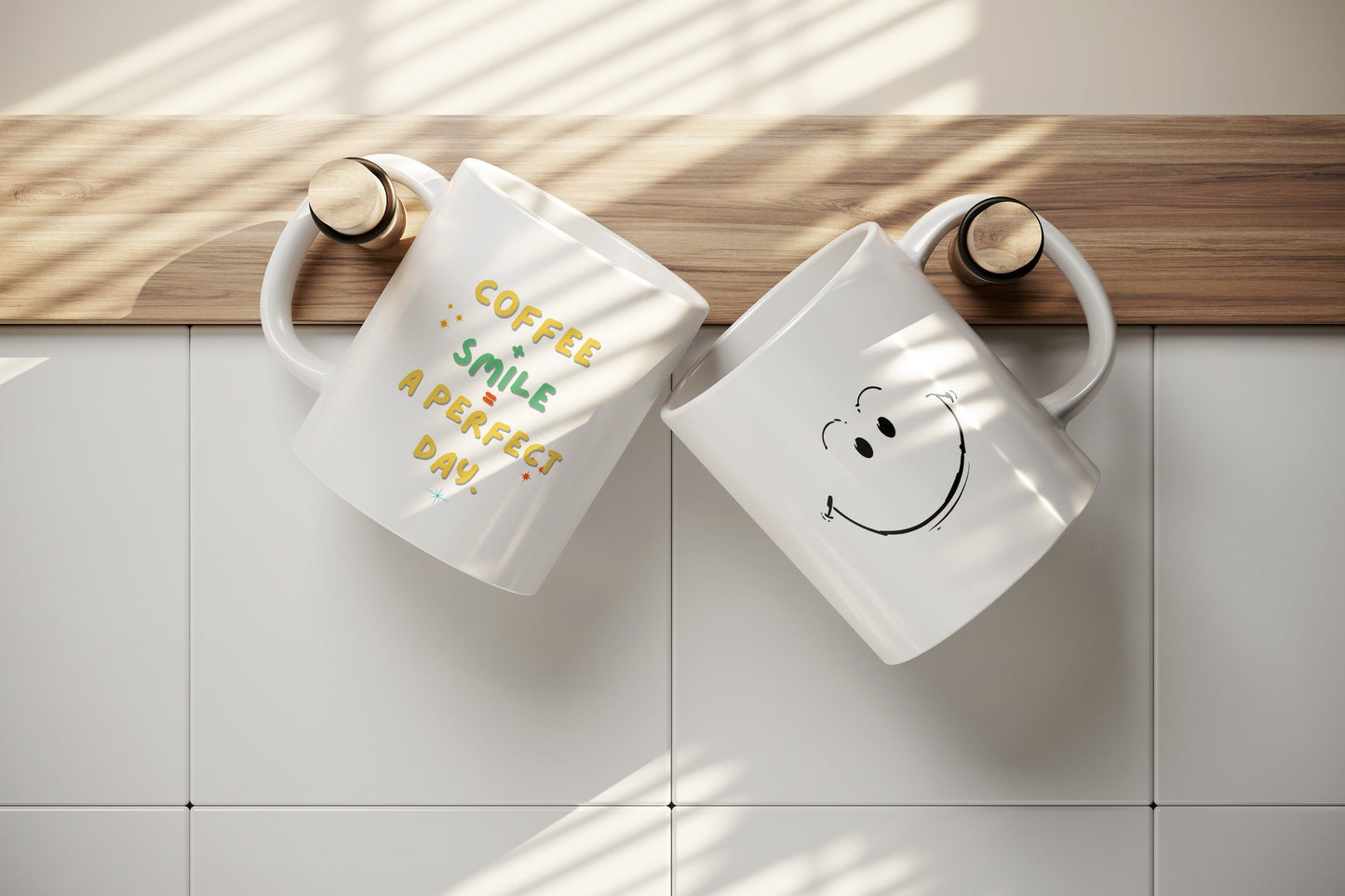 White 11oz ceramic mug showing both sides - hand-drawn smiley daisy flower and Your Smile Brightens The Day quote in blue script