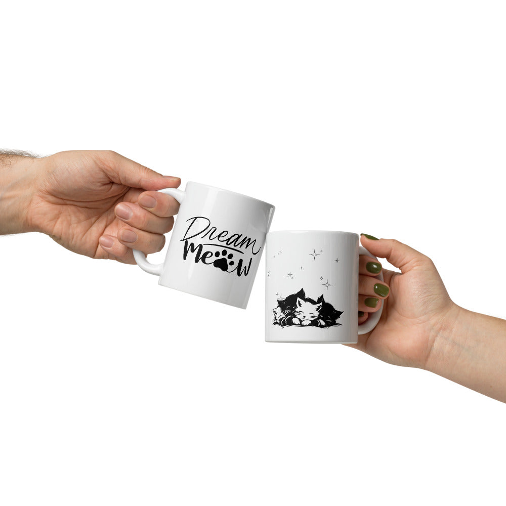 Dream Meow Cat Mug 11oz – Sleeping Kittens Coffee Cup with Minimalist Design & Paw Print Typography