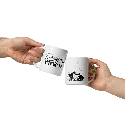 Dream Meow Cat Mug 11oz – Sleeping Kittens Coffee Cup with Minimalist Design & Paw Print Typography