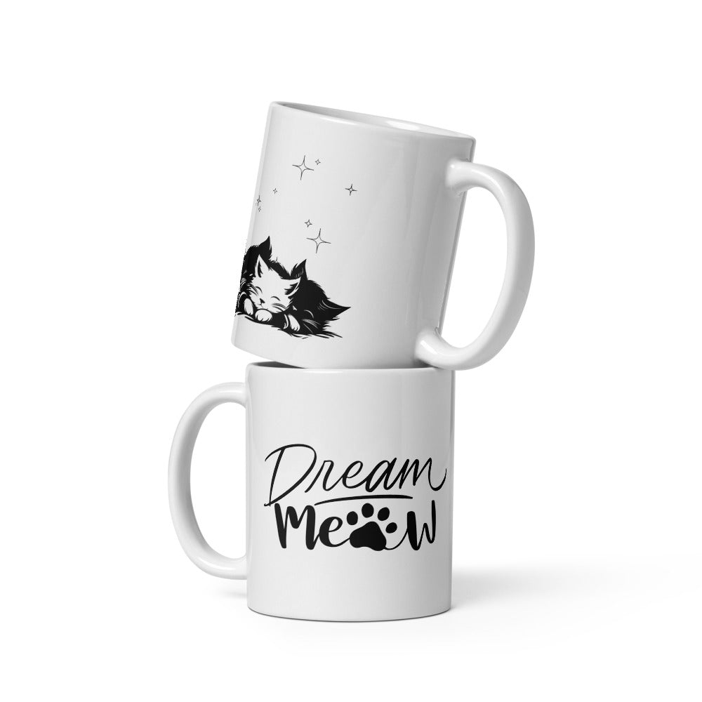 Dream Meow Cat Mug 11oz – Sleeping Kittens Coffee Cup with Minimalist Design & Paw Print Typography