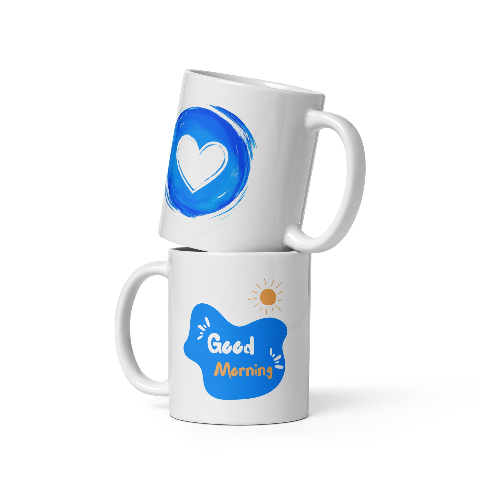 Morning Love 11oz white ceramic mug with artistic blue watercolor heart design