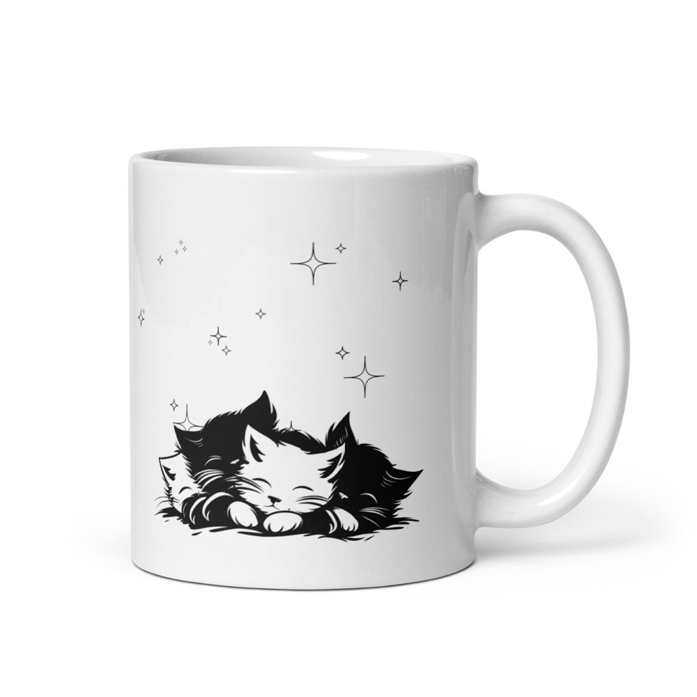 Dream Meow Cat Mug 11oz – Sleeping Kittens Coffee Cup with Minimalist Design & Paw Print Typography